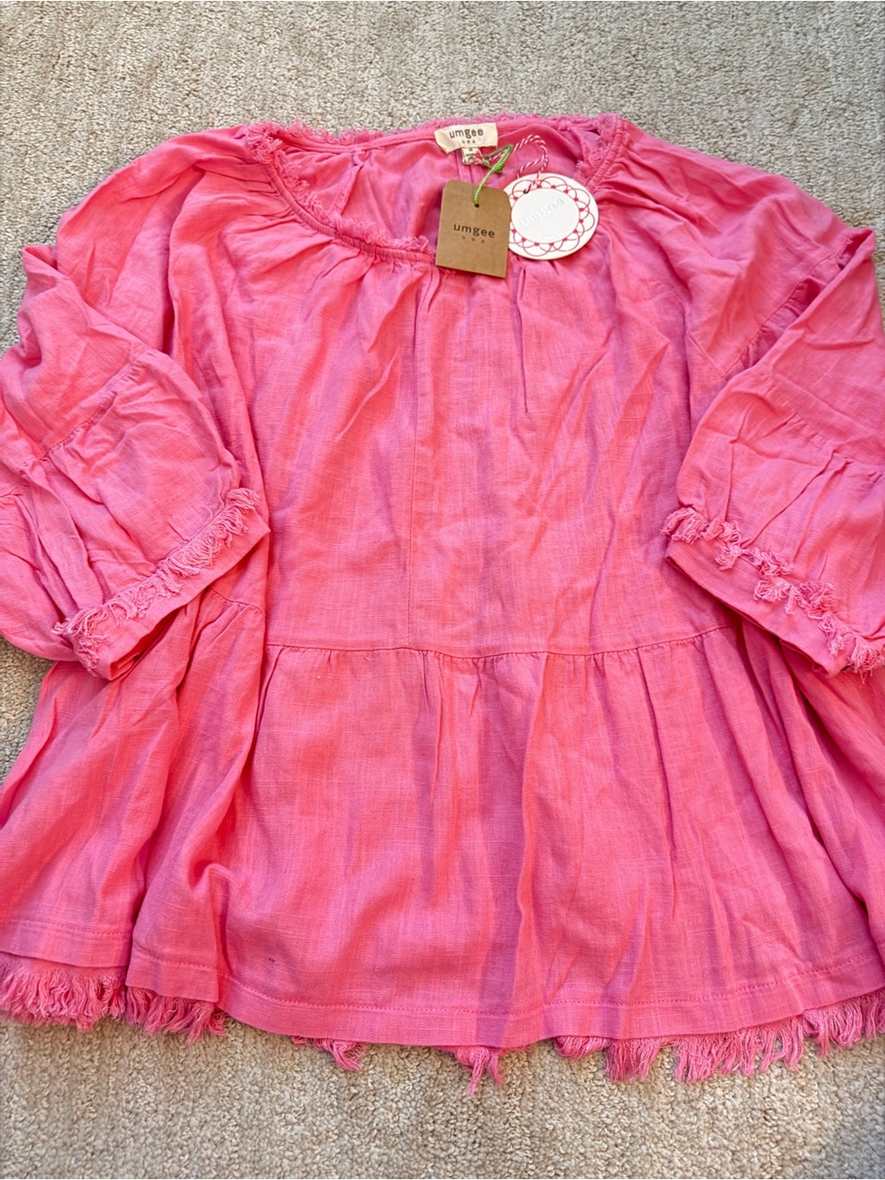 Umgee Bright Pink Peasant Top with Fringe Trim